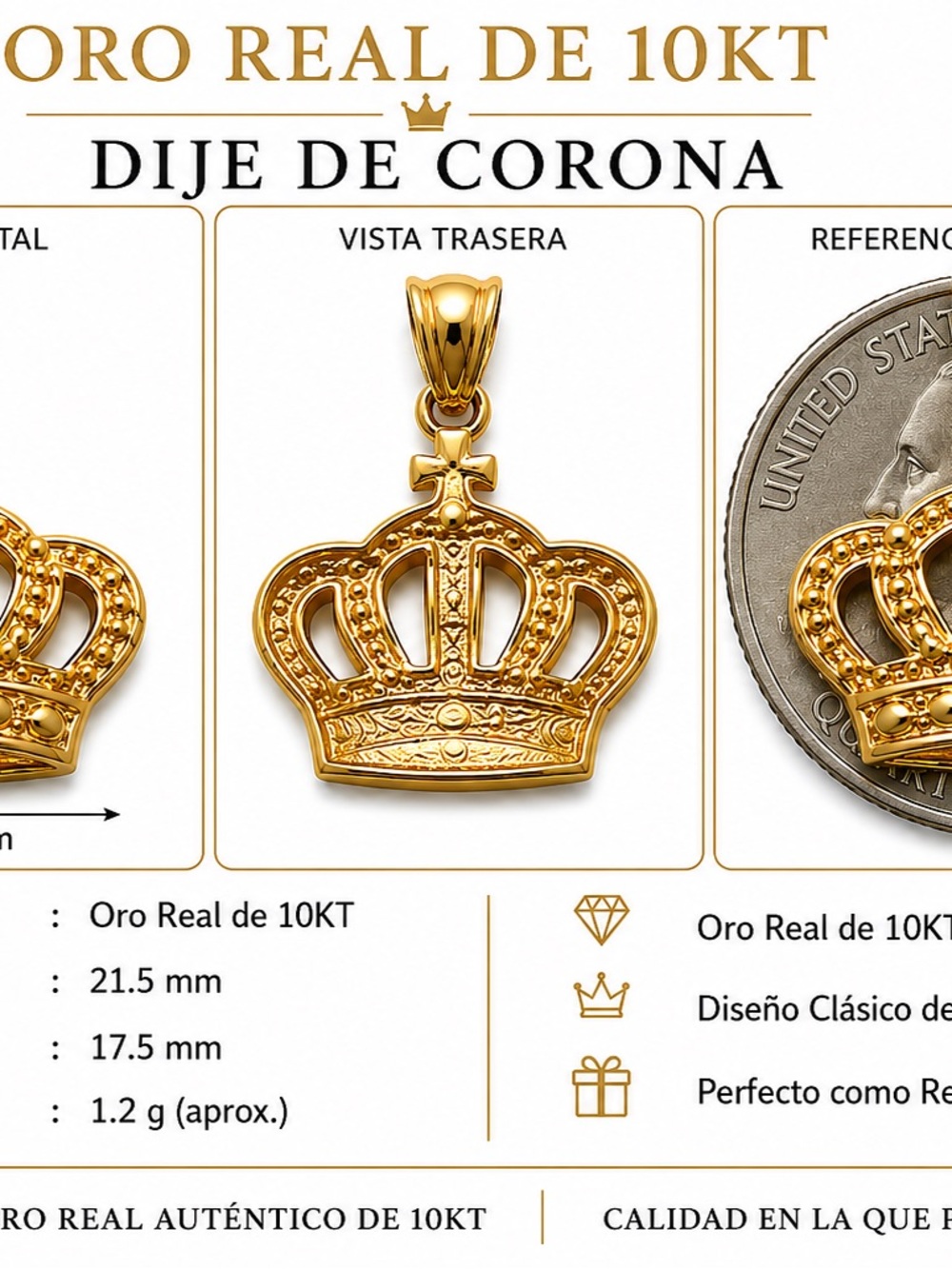 Dije de Corona en Oro Real de 10KT - Collar para Mujer (Dorado)